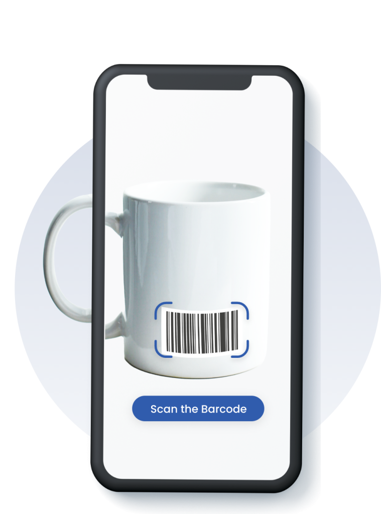 A mobile phone mockup with a barcode on a cup and a button that says scan the barcode, illustrating Scan & Go functionality
